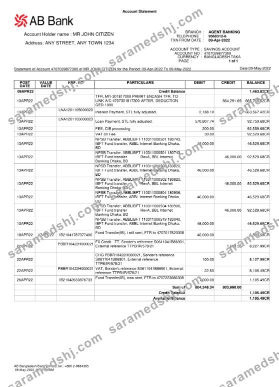 Bangladesh AB bank statement